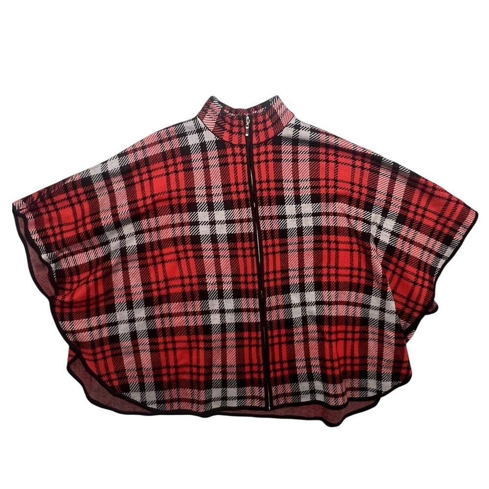 Allison‎ Daley Plus Women's Red Black Plaid Knit Poncho Cape Jacket Full Zip